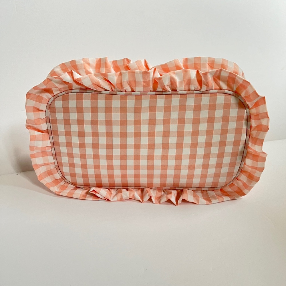 New Gingham Ruffle Trim Comestic Makeup Pouch Pink & White